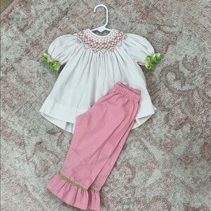 White and Pink Smocked Top with Pants Set